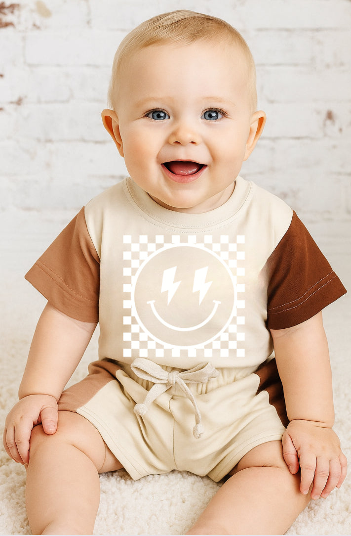 Retro Smile Baby and Kids cotton color block t-shirt & shorts outfit Hippo Boutique