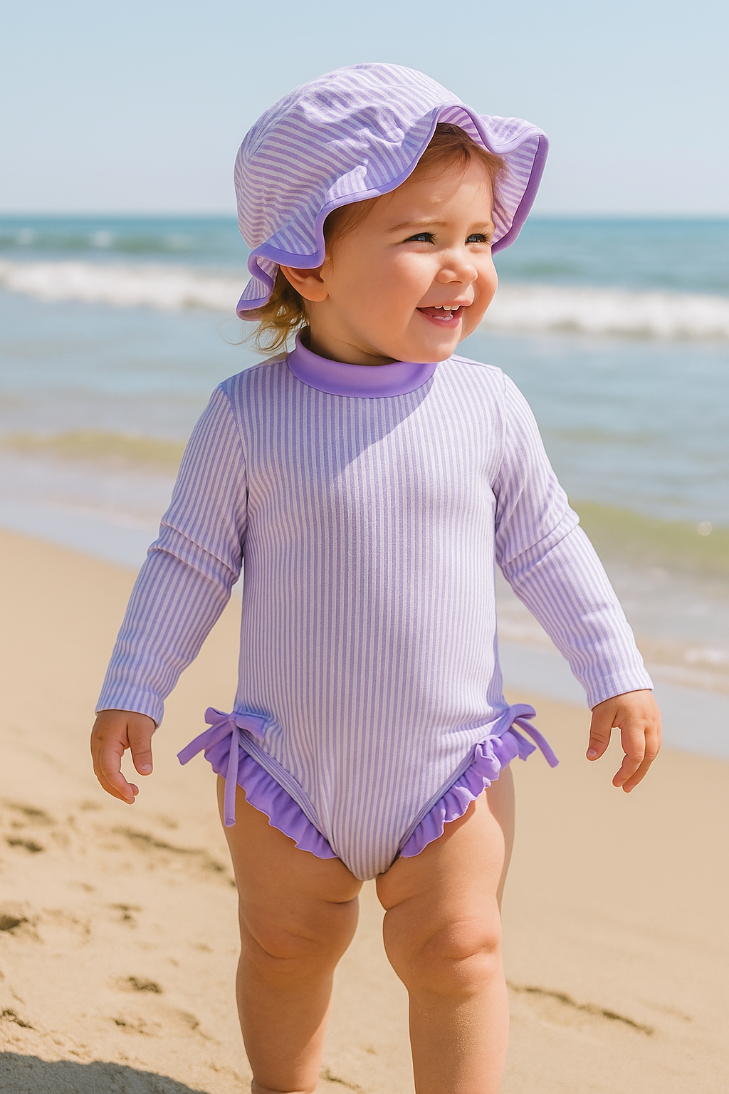 Newborn Baby & Toddler striped Zip Up Swimsuit with hat and bows Hippo Boutique