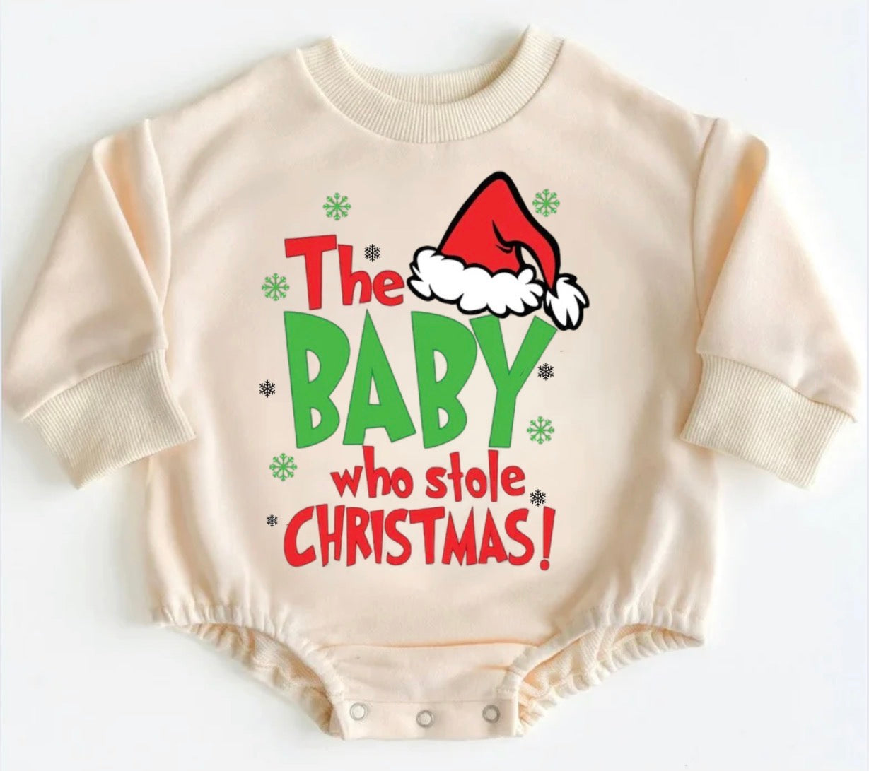 Baby who stole Christmas Baby Sweatshirt Bubble Romper Hippo Boutique