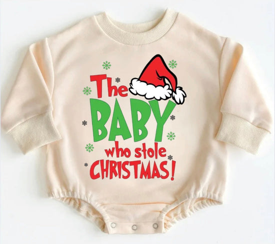 Baby who stole Christmas Baby Sweatshirt Bubble Romper Hippo Boutique