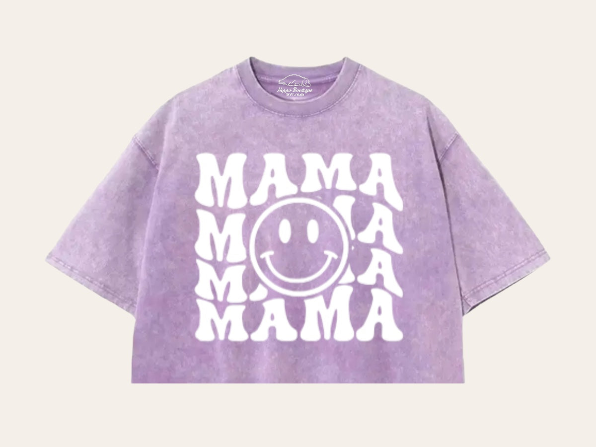Retro Mama Smile Acid Washed 100% Cotton Oversized Cropped T-Shirts Hippo Boutique