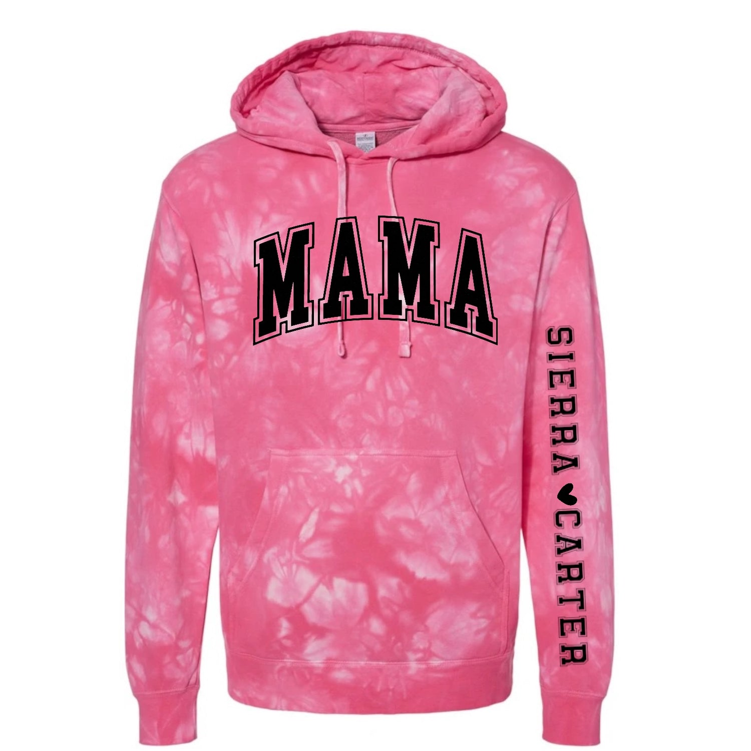 Custom Varsity Mama Tie Dye Hoodies with children’s name on sleeve Hippo Boutique