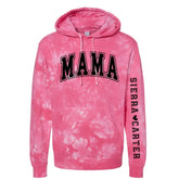 Custom Varsity Mama Tie Dye Hoodies with children’s name on sleeve Hippo Boutique