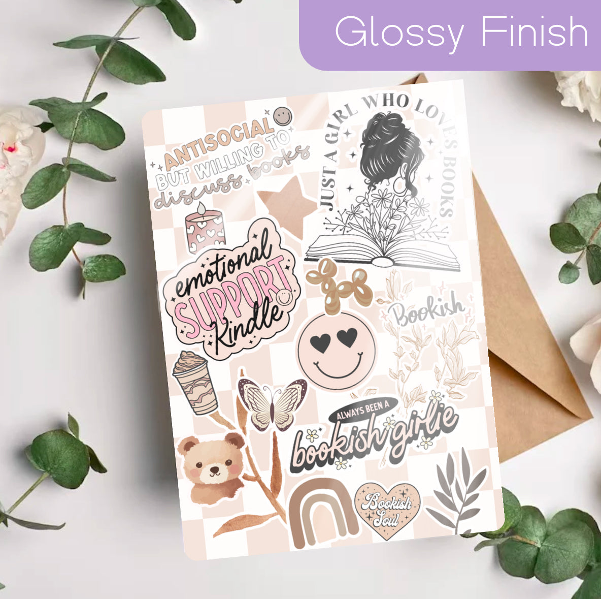 Glossy Kindle insert with handmade organic brown checkered bookish stickers and cozy designs. - Kindle Insert - Brown Checkered Bookish