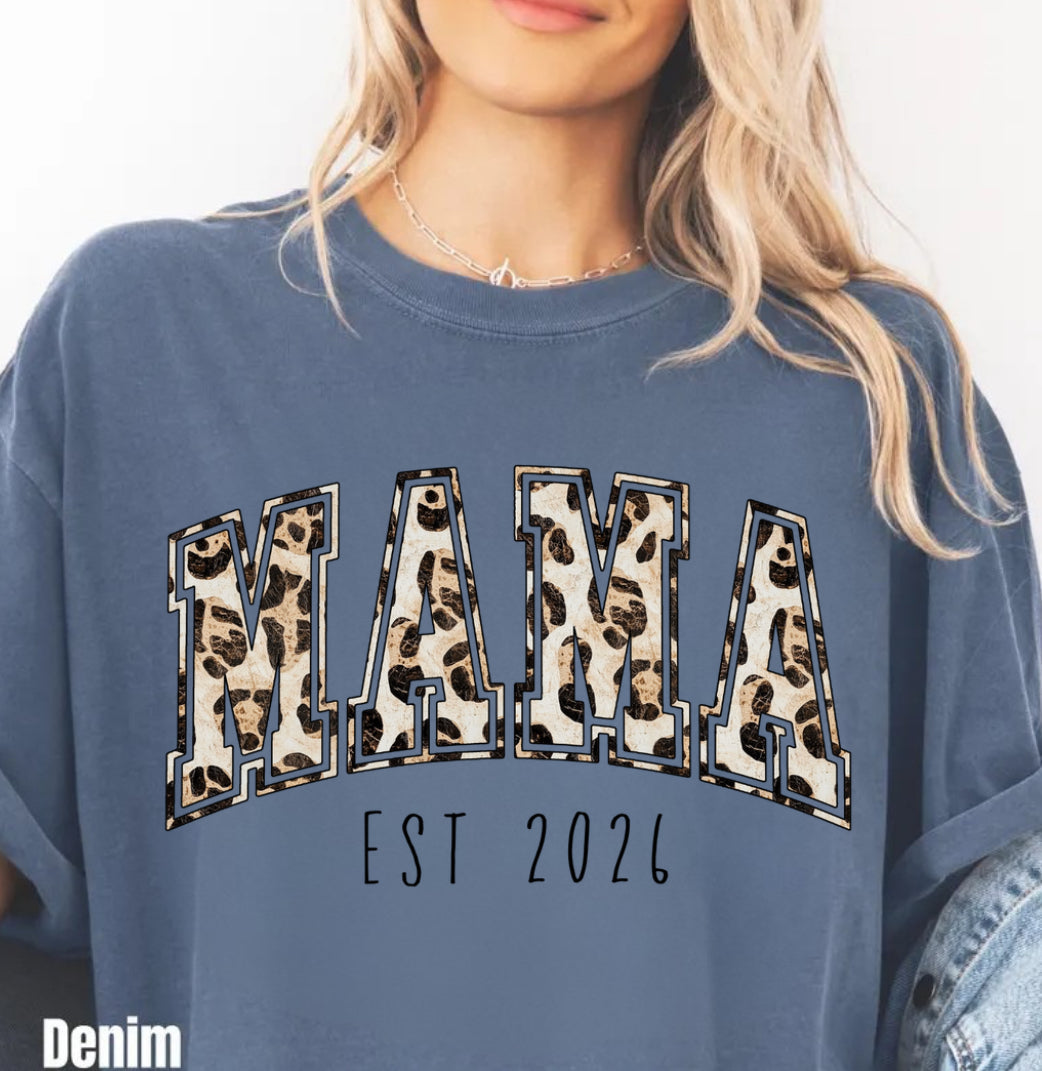 Leopard Print Mama with EST Date Women’s T-Shirt Hippo Boutique