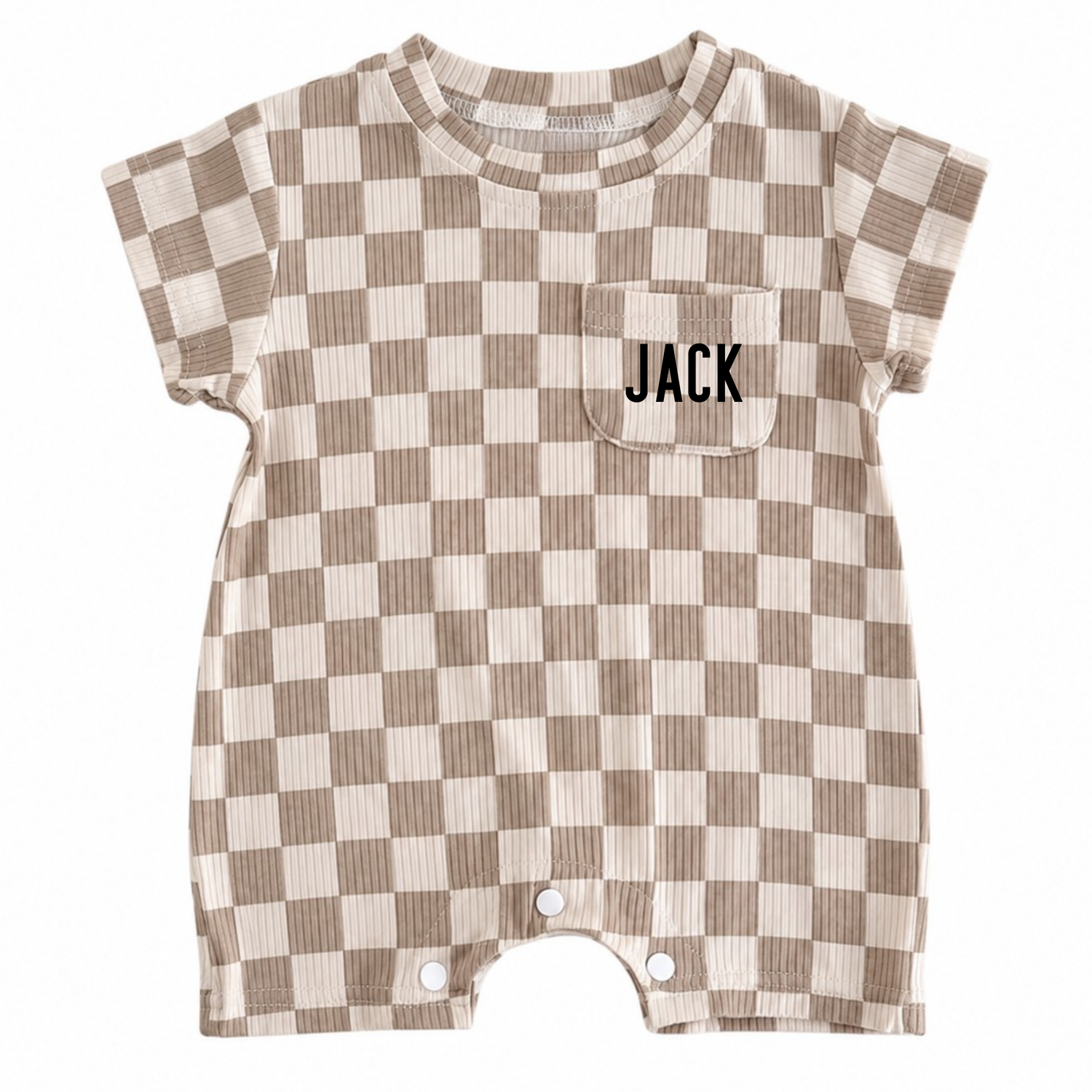 A short-sleeve baby romper with a brown and cream checkerboard pattern, featuring a chest pocket with the name &