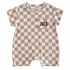 A short-sleeve baby romper with a brown and cream checkerboard pattern, featuring a chest pocket with the name &