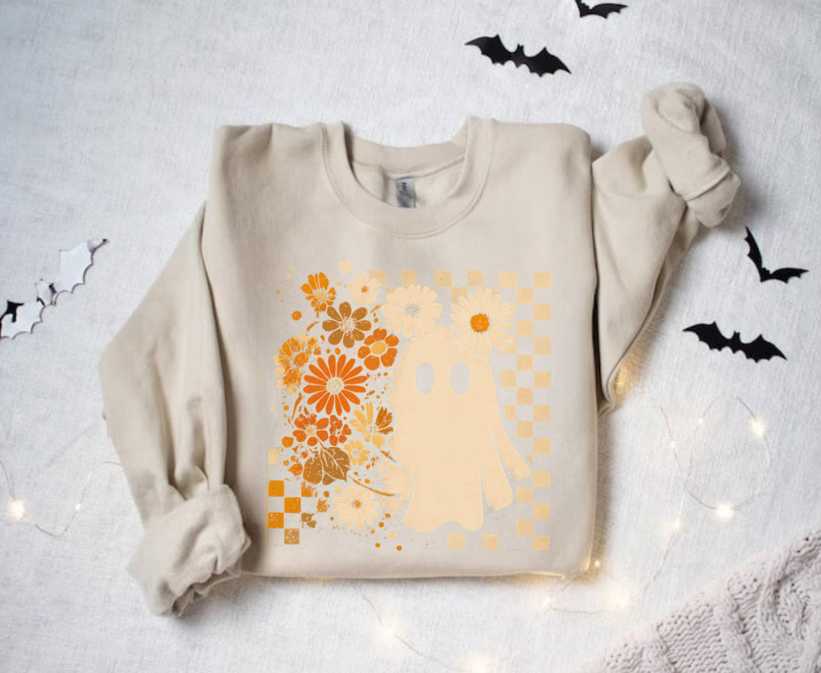 Women’s Halloween Sweatshirts & Hoodies - Checkered Floral Ghost Hippo Boutique