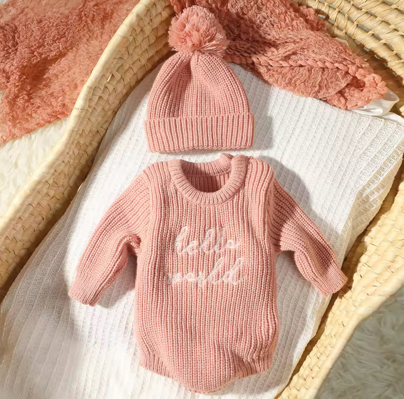 Newborn Baby Knit Bodysuit with Knitted Hat Hippo Boutique