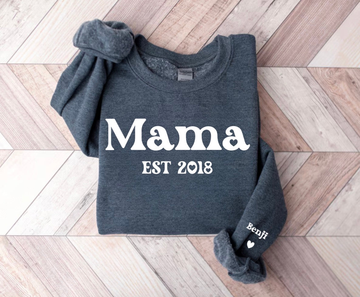 Custom Mama Sweatshirt with children’s name on sleeve Hippo Boutique