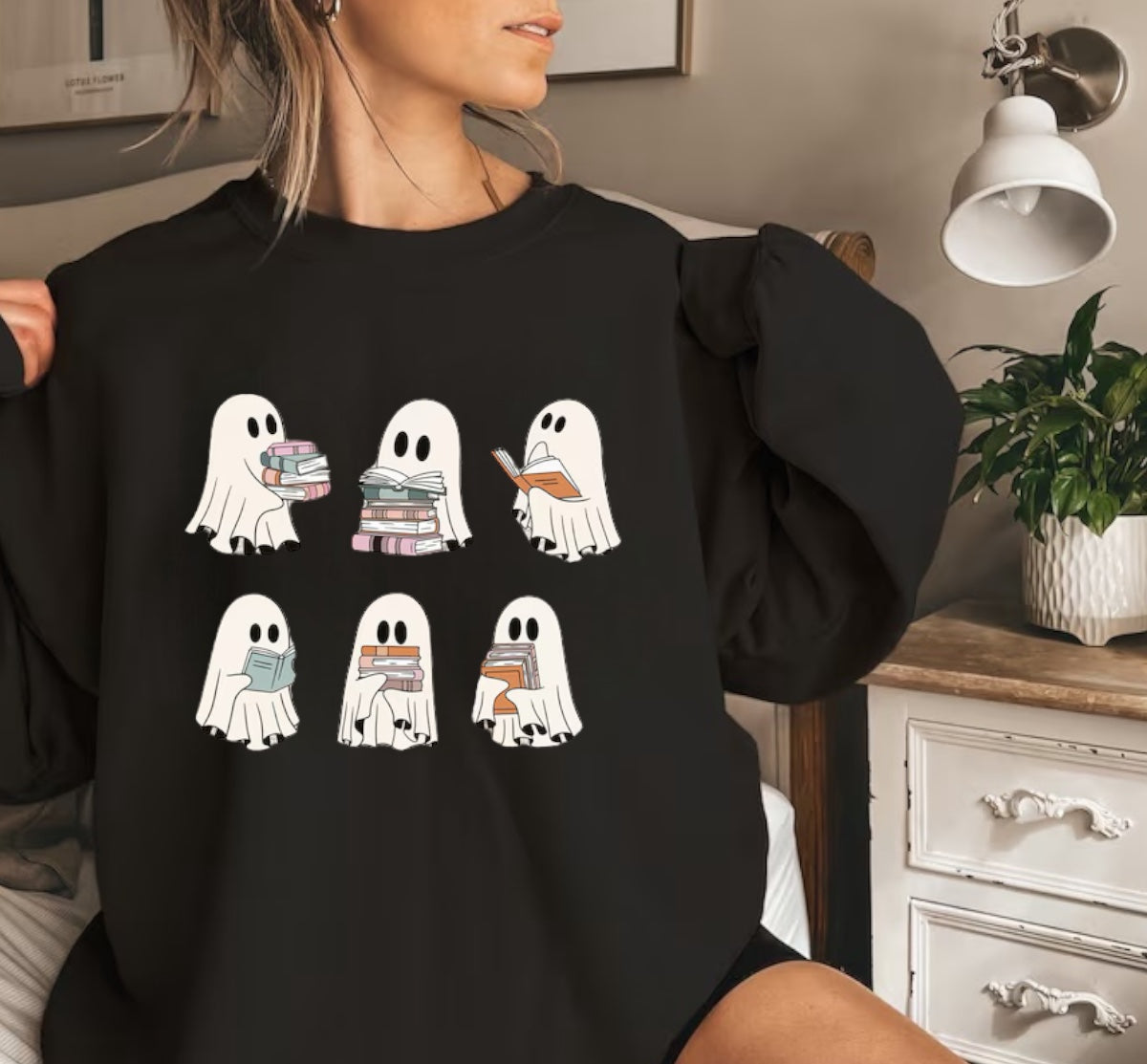 Halloween fleece crewneck Sweatshirts Reading Ghosts Hippo Boutique