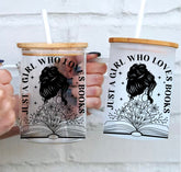 Clear and frosted glass tumblers with wooden lids, black "Just a Girl Who Loves Books" text and book illustration, handmade. - Floral Just a Girl Who Loves Books Glass Cup