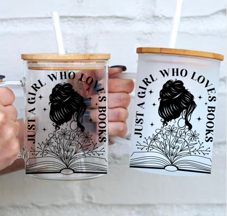 Clear and frosted glass tumblers with wooden lids, black "Just a Girl Who Loves Books" text and book illustration, handmade. - Floral Just a Girl Who Loves Books Glass Cup