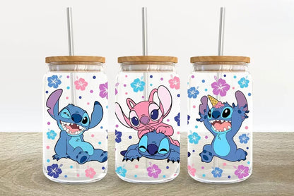 Stitch Glass Tumbler with Bamboo Lid Hippo Boutique