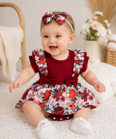 Floral Ruffle Baby Girl Romper Dress with Matching Bow Headband Hippo Boutique