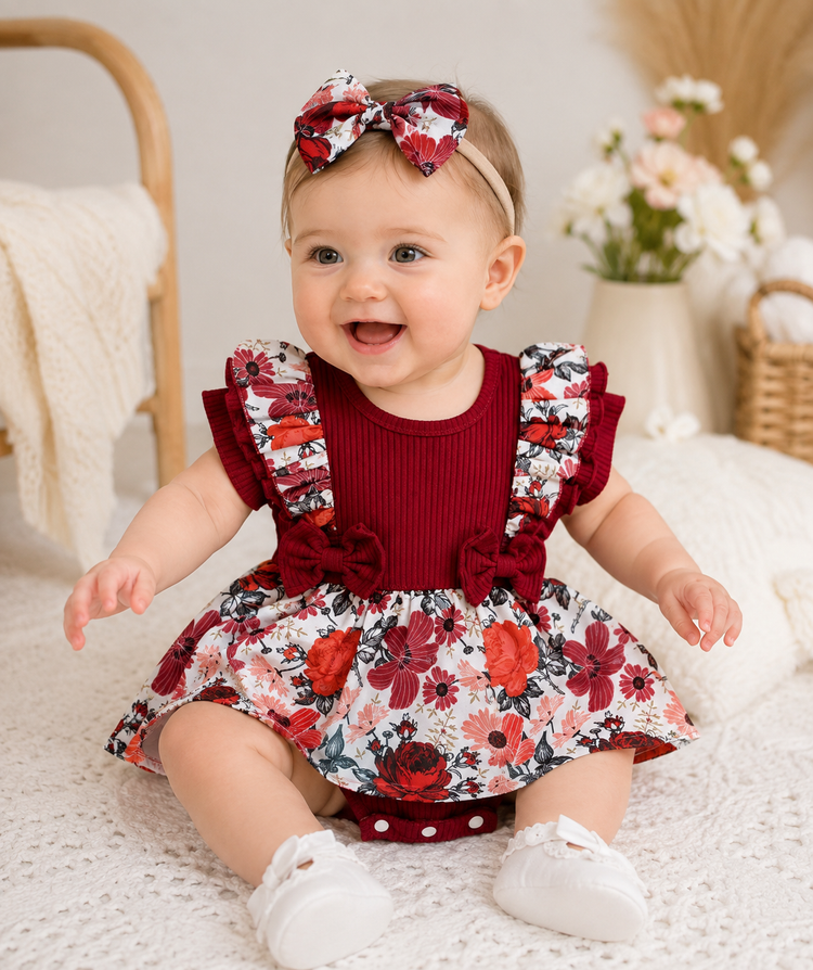 Floral Ruffle Baby Girl Romper Dress with Matching Bow Headband Hippo Boutique