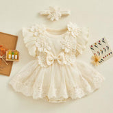Floral Lace Baby Girl Dress Romper with Matching Flower Headband Hippo Boutique