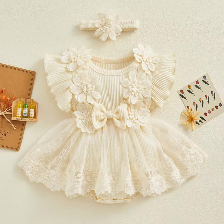 Floral Lace Baby Girl Dress Romper with Matching Flower Headband Hippo Boutique
