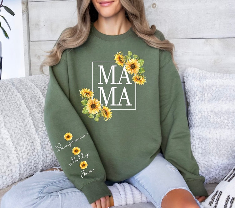 Sunflower Mama Sweatshirt with children’s name on sleeve Hippo Boutique