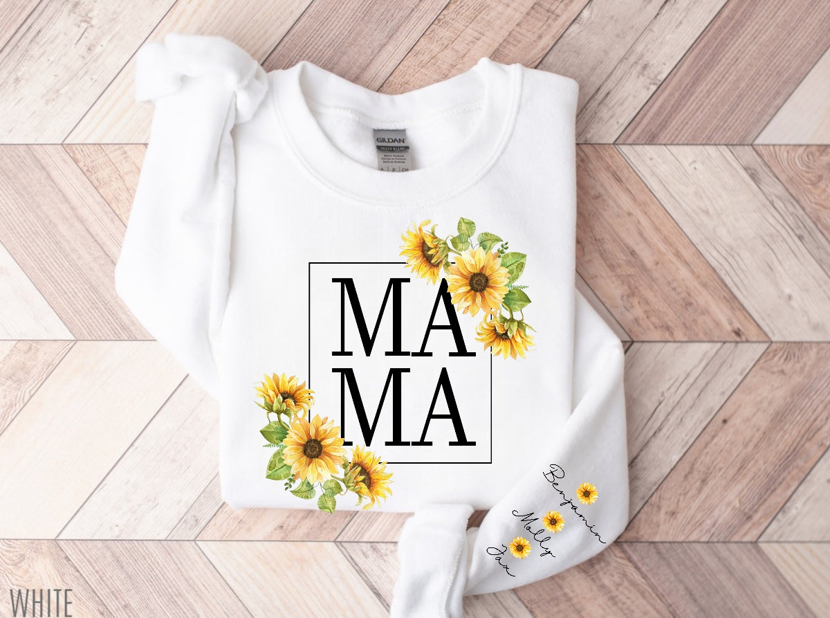 Sunflower Mama Sweatshirt with children’s name on sleeve Hippo Boutique