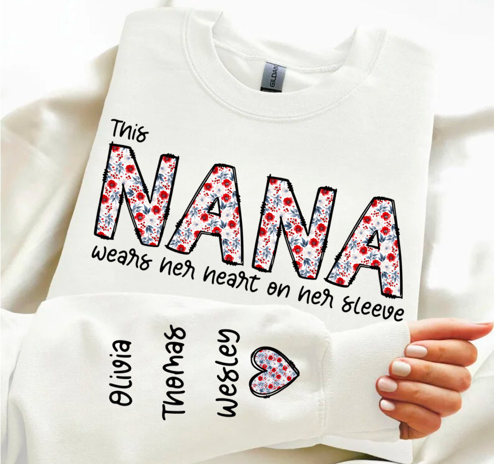 Custom Floral Nana Sweatshirt with children’s name on sleeve Hippo Boutique