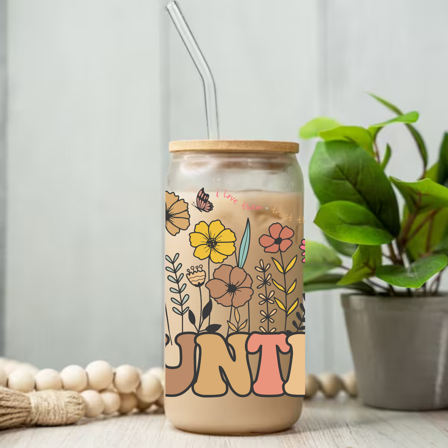 Floral Auntie Glass Tumbler Cups Hippo Boutique
