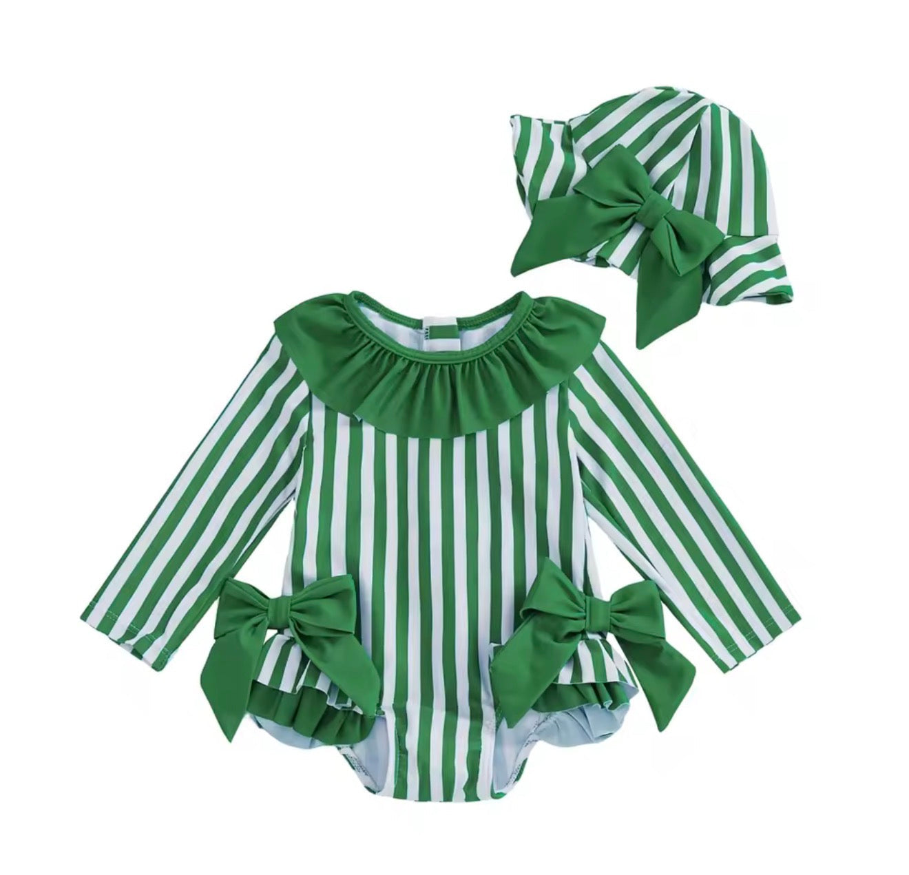 Newborn Baby & Toddler striped Zip Up Swimsuit with matching hat Hippo Boutique