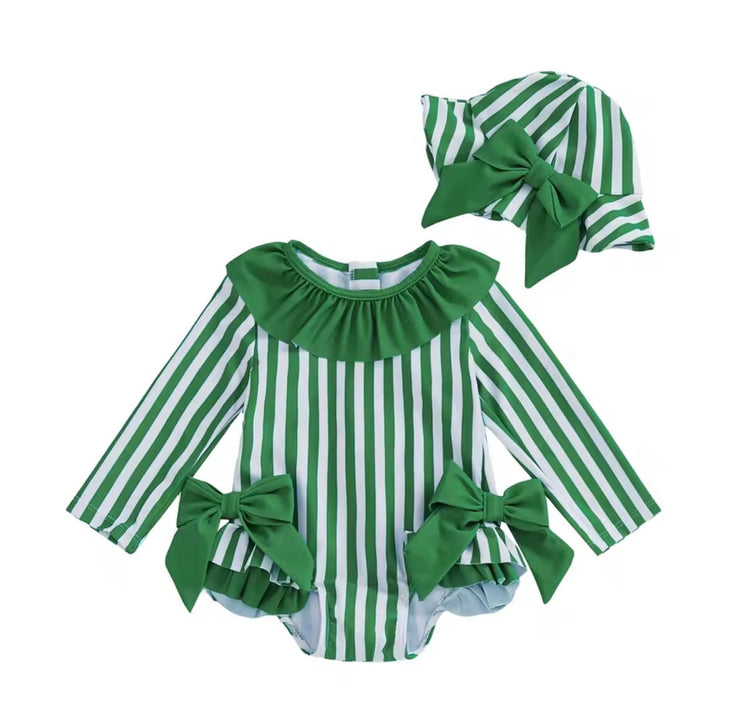 Newborn Baby & Toddler striped Zip Up Swimsuit with matching hat Hippo Boutique