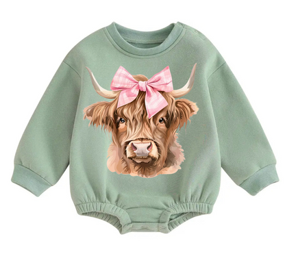 Fleece pink bow highland cow Baby Oversized Sweatshirt Bodysuit Hippo Boutique