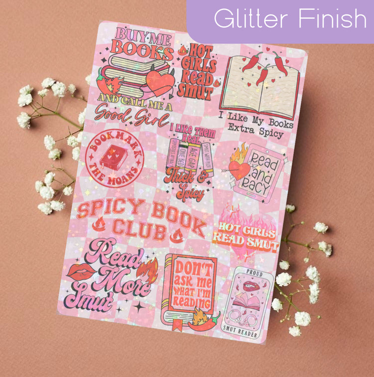 Pink glitter Kindle insert with colorful smut romance book-themed stickers on cover. - Kindle Insert - Smut Romance
