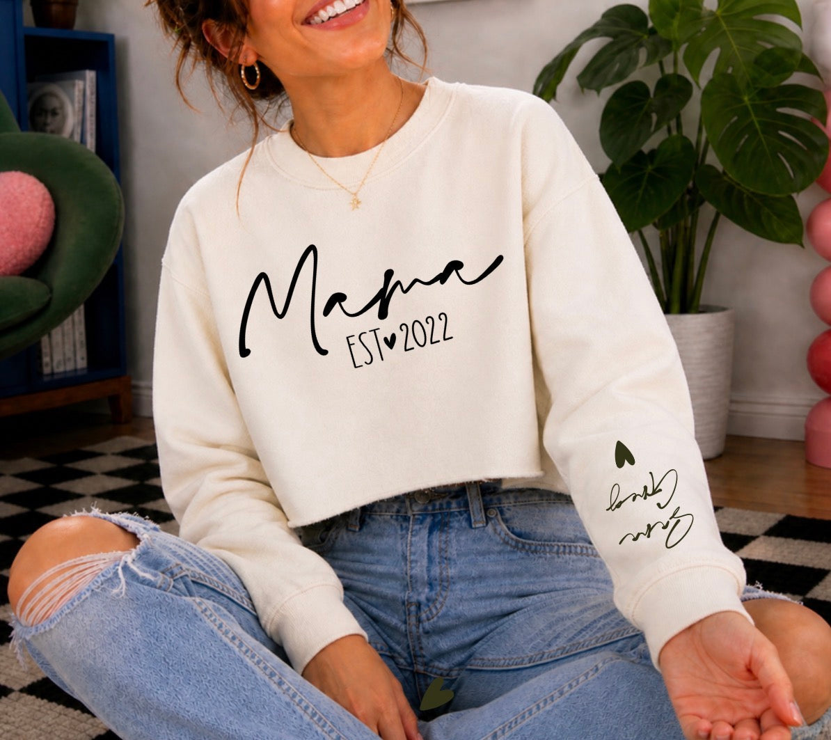 Cropped Sweatshirt - Custom Mama est with kids names Hippo Boutique