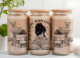 Handmade frosted glass coffee cup with wooden lid, Canadian, comfortable design, book lover print. - Floral Just a Girl Who Loves Books Glass Cup