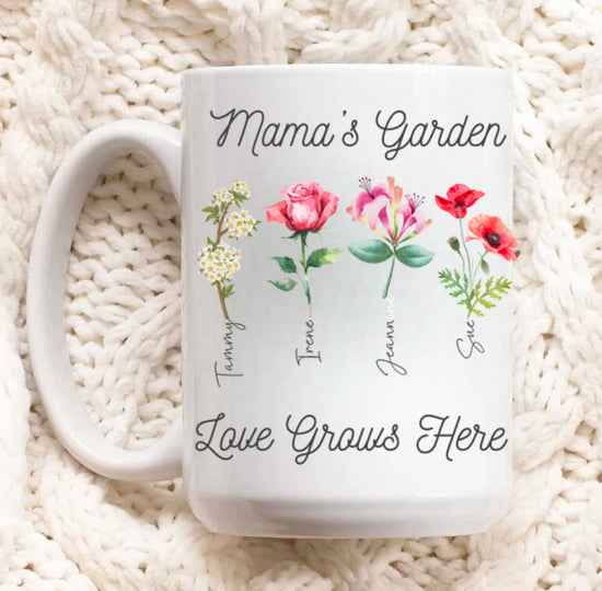 Mama’s Garden Personalize Birth Flower and kids names coffee mug Hippo Boutique