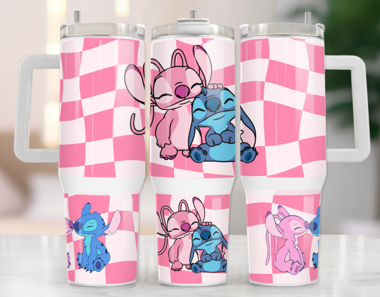 40oz Stanley Tumbler - Pink Checkered Stitch Hippo Boutique