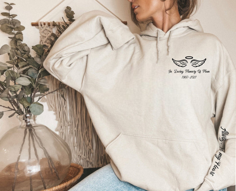 In loving memory memorial hoodie with name date and quote on sleeve and back Hippo Boutique