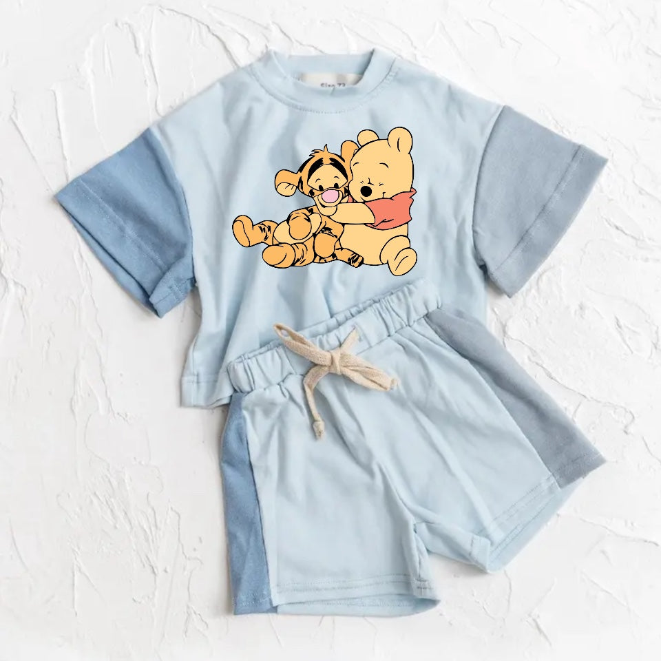 Baby and Kids cotton color block bear t-shirt & shorts outfit Hippo Boutique