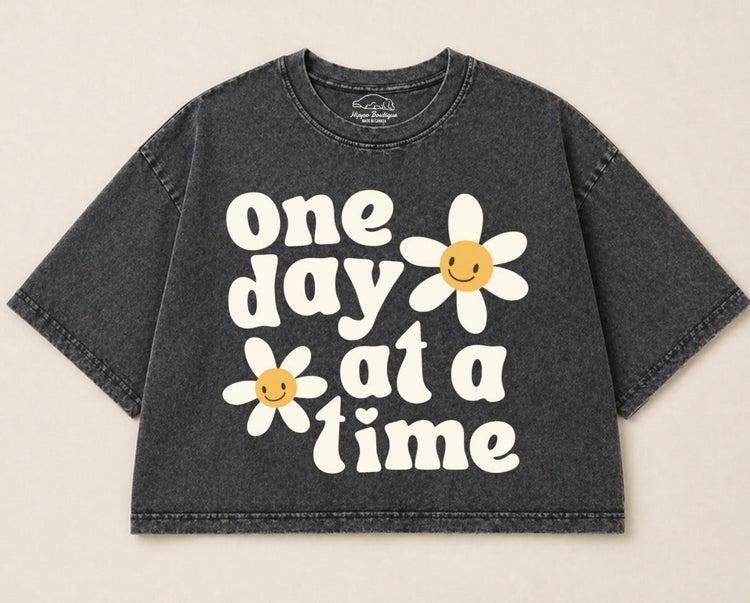 Oversized Washed Cropped T-Shirts - One Day at a time Hippo Boutique