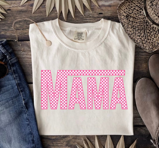 Pink Checkered Mama T-Shirts Hippo Boutique