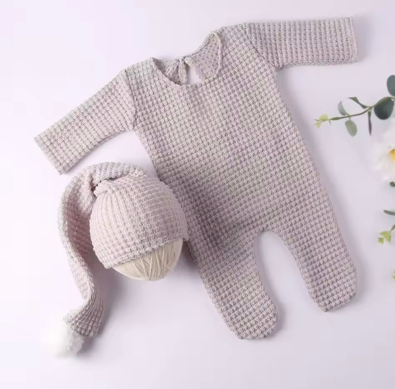 Newborn Waffle Knit Romper & Matching Pom Pom Hat Set – Baby Boy Coming Home Outfit Hippo Boutique