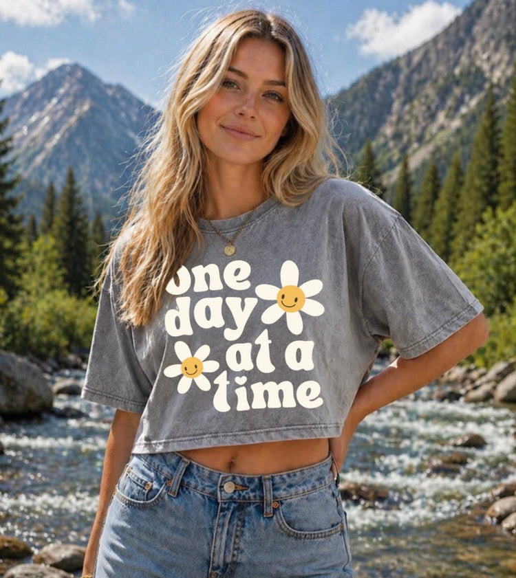 Oversized Washed Cropped T-Shirts - One Day at a time Hippo Boutique