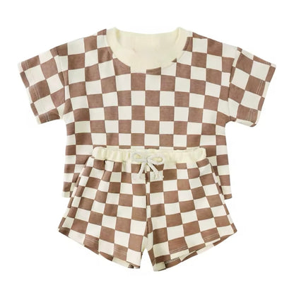 Brown Checkered T-Shirt & Shorts outfit Hippo Boutique