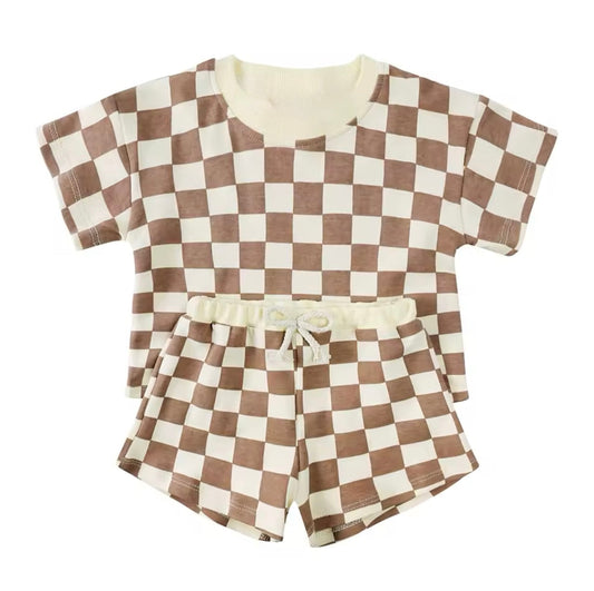 Brown Checkered T-Shirt & Shorts outfit Hippo Boutique