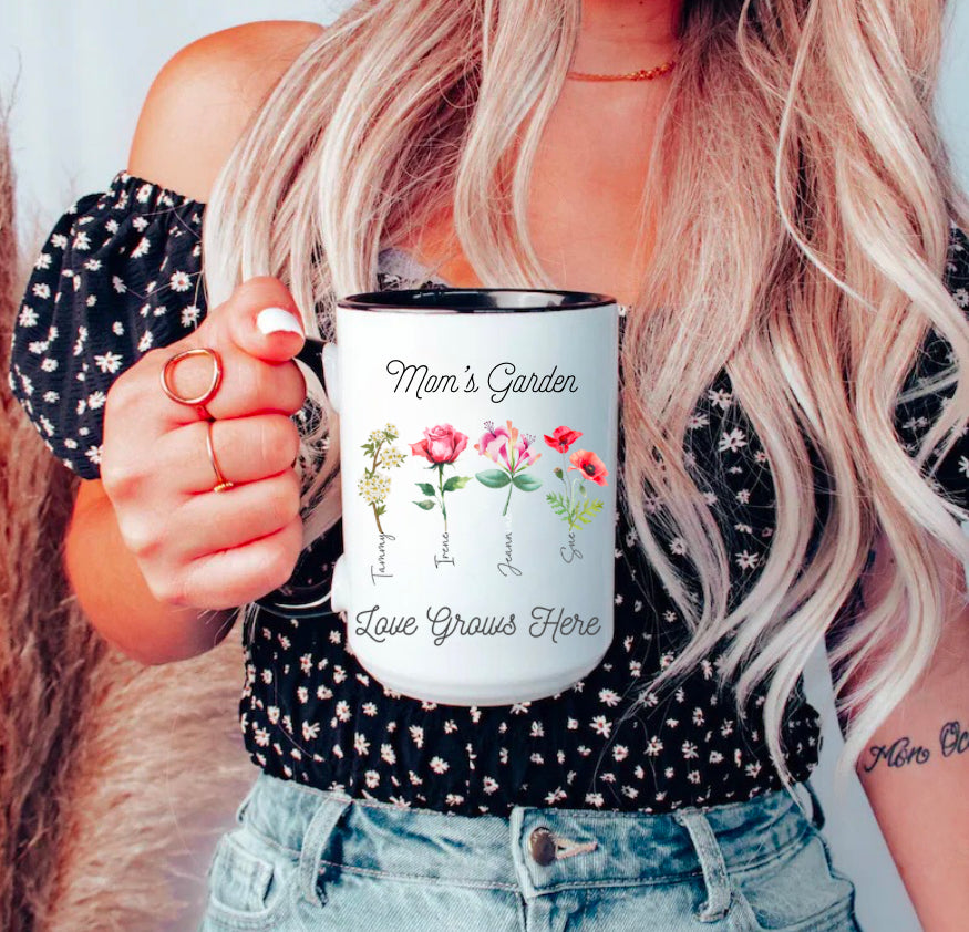 Mama’s Garden Personalize Birth Flower and kids names coffee mug Hippo Boutique