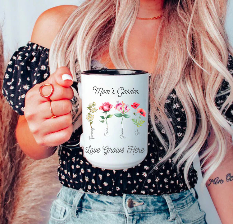Mama’s Garden Personalize Birth Flower and kids names coffee mug Hippo Boutique