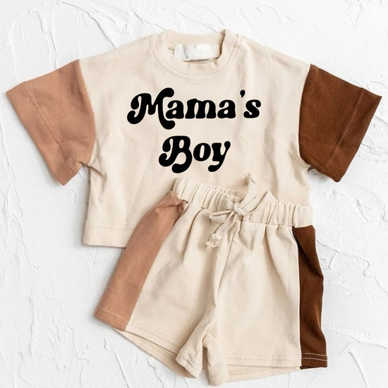 Mama’s Boy Baby and Kids cotton color block t-shirt & shorts outfit Hippo Boutique