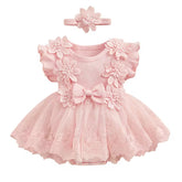 Floral Lace Baby Girl Dress Romper with Matching Flower Headband Hippo Boutique