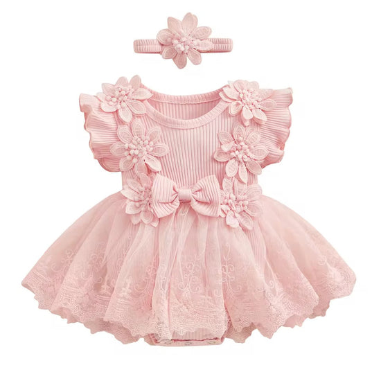 Floral Lace Baby Girl Dress Romper with Matching Flower Headband Hippo Boutique
