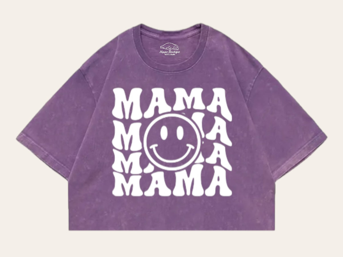 Retro Mama Smile Acid Washed 100% Cotton Oversized Cropped T-Shirts Hippo Boutique