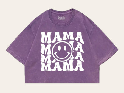 Retro Mama Smile Acid Washed 100% Cotton Oversized Cropped T-Shirts Hippo Boutique