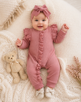 Baby Girl Waffle Knit Ruffle Romper with Matching Bow Headband Hippo Boutique